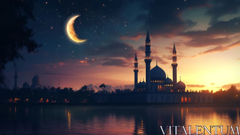 Crescent moon over lakeside mosque at twilight sky scene.