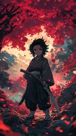 Young samurai stands under blazing red maple canopy.
