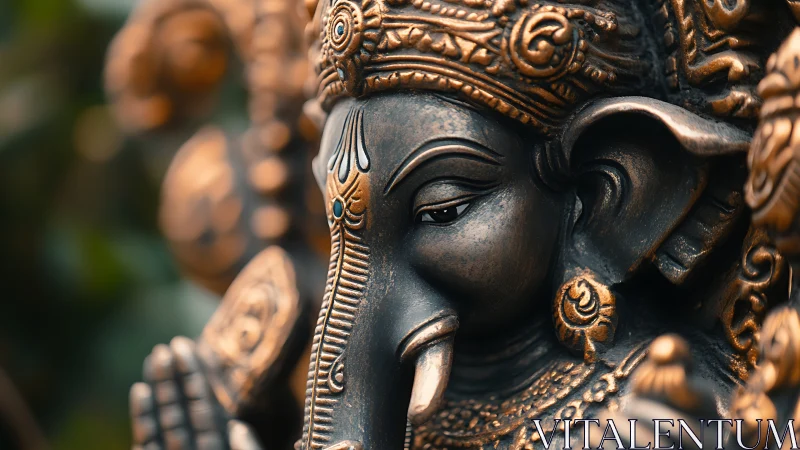 Close-up of ornate bronze Ganesha statue outdoors.