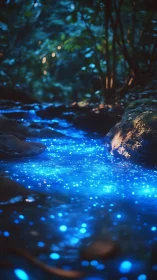 Bioluminescent stream glows through dense nocturnal forest