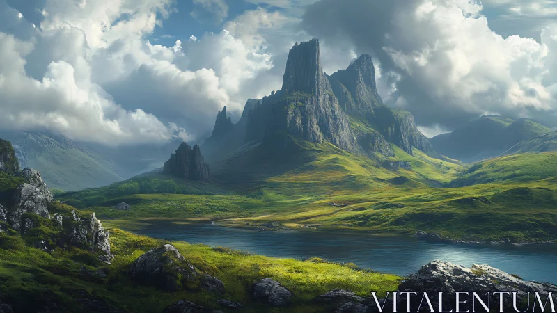 Towering green highlands rise beneath dramatic storm clouds