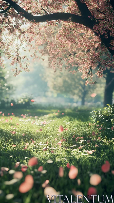 Cherry tree branches over grassy field with falling petals.
