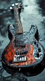 Weathered bass guitar rests in rain-soaked city puddle
