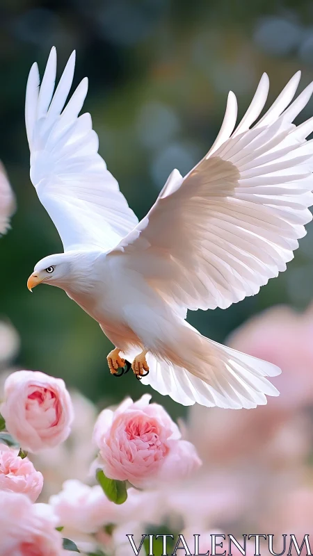 White eagle in soft-focus rose garden flight scene.