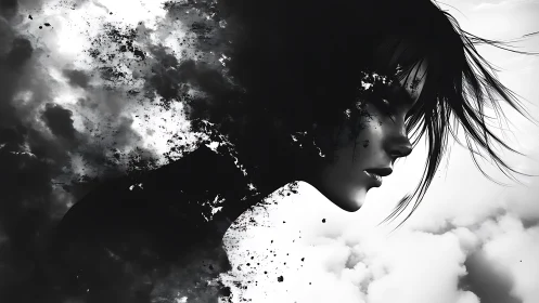 Profile silhouette of woman dissolves into abstract smoke