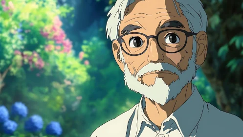 Gentle old soul in a sunlit garden of quiet colors.