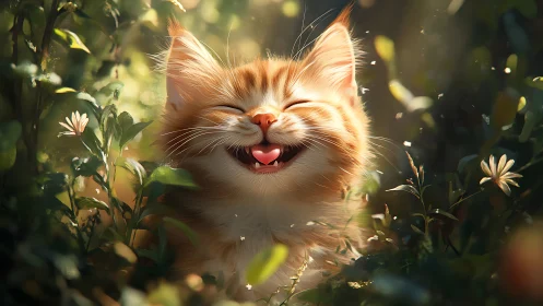 Radiant Ginger Cat Laughing Among Garden Flowers.