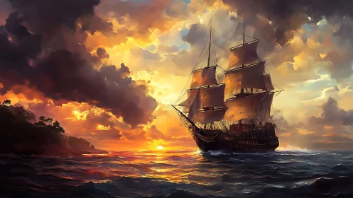 Majestic tall ship sails into a fiery, storm‑lit sunset