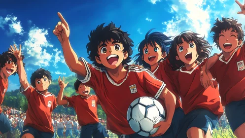 Youth soccer team celebrating victory under vivid blue sky.