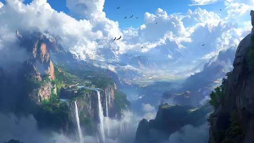Skyborne waterfalls pour into a luminous cloud kingdom.