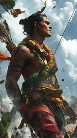Tribal warrior strides through storm of color and sky.