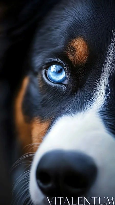 Macro portrait of blue-eyed tricolor dog with shallow focus