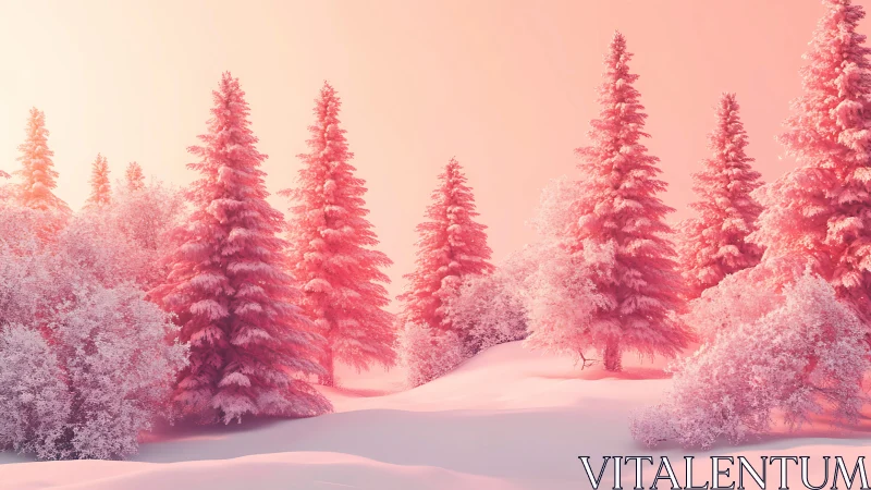 Blush-tinted winter pines glowing in sugary sunrise hush.