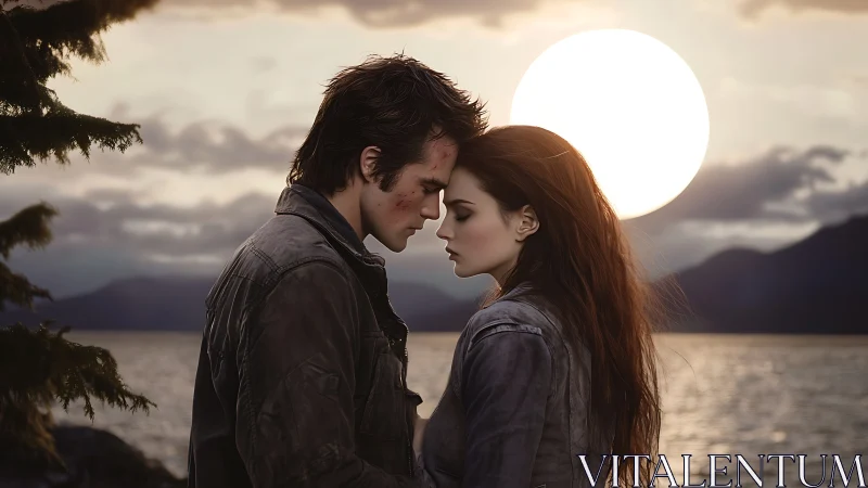 Couple shares intimate moment beneath full moon at twilight.