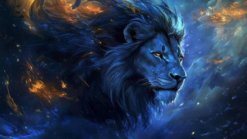 Celestial blue lion emerges in a swirling cosmic storm