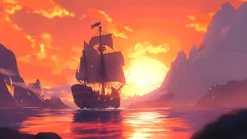 Sunlit galleon sailing through molten orange seascape horizon.