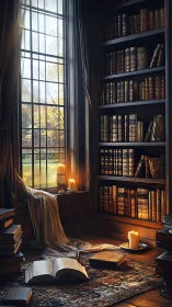 Candlelit library nook with antique volumes at sunset.