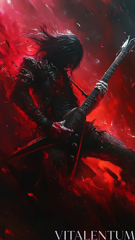 Guitarist shreds in blazing red inferno of sound and motion.