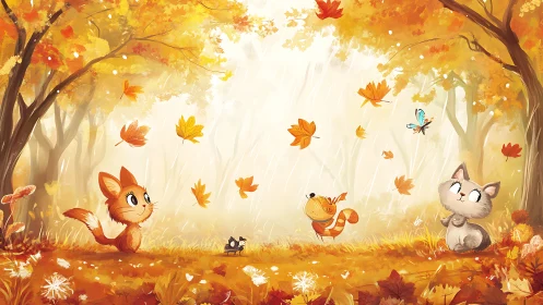 Cartoon forest animals under falling autumn leaves scene.