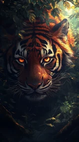 Tiger’s burning gaze emerges from shadowed jungle foliage