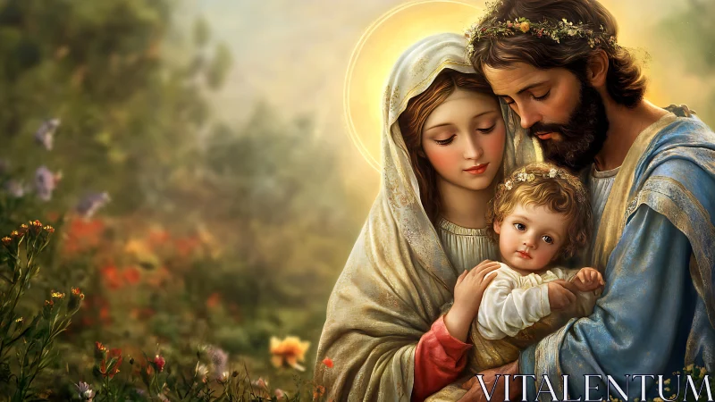 Holy family portrait glows softly in sunlit wildflower meadow
