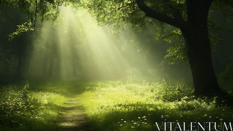Sunlight streaming through forest trees in a tranquil, dreamy style.