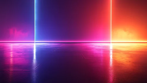 Neon vertical light panels over reflective floor surface.