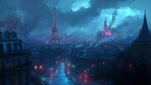 Cyberpunk Parisian skyline in neon-soaked nocturne composition.