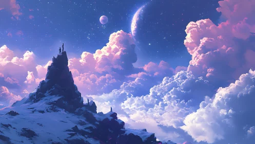 Figures stand on snowy peak under distant crescent planets