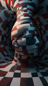 Parametric human bust wrapped in red, white and black checker distortion