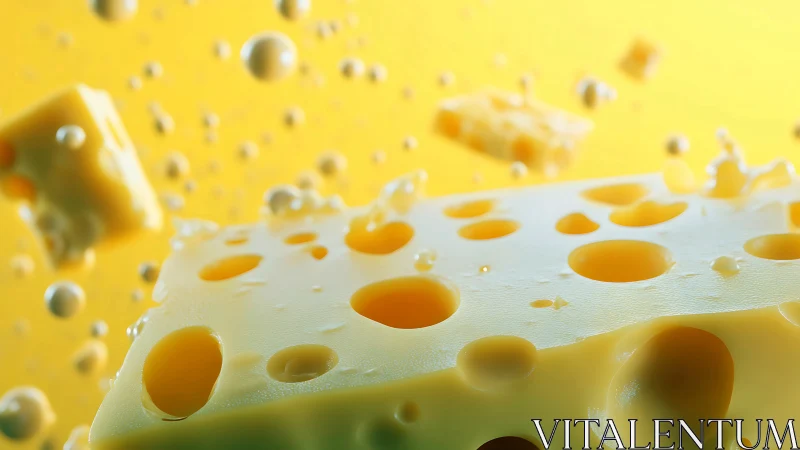 Floating swiss cheese cubes against yellow background.
