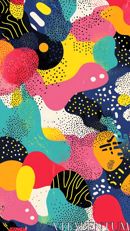 Playful abstract shapes collide in bold, multicolored motion.