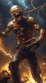 Burning undead monster roaring amid storms and flames.