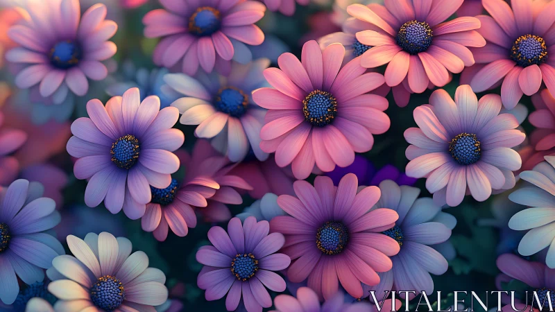 Osteospermum daisy composite flowers with volumetric pink-to-purple gradient petals and deep azure d