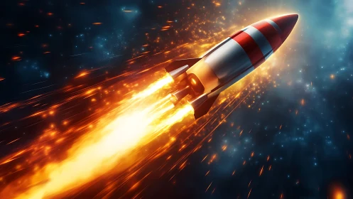 3D rocket propulsion in deep space with dynamic flame trails.