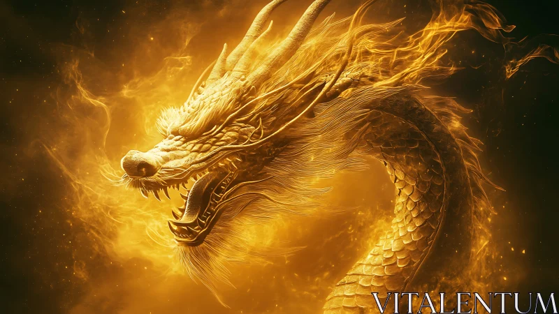 Volumetric-lit golden dragon rendered with high-detail particle flames