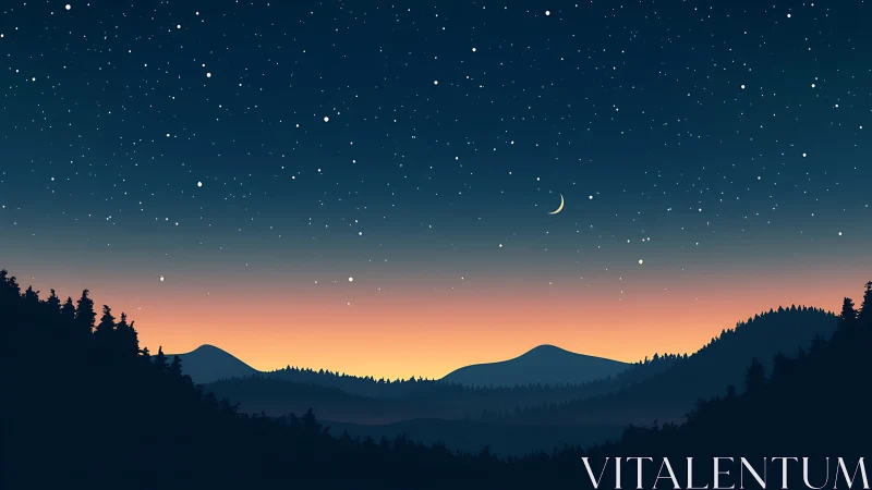 Crescent hush above ember hills in deep forest twilight.