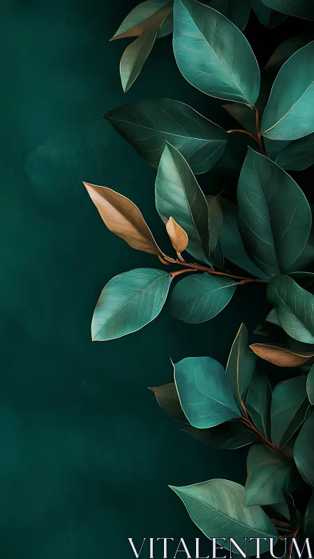 Teal botanical leaves on deep green minimal backdrop.