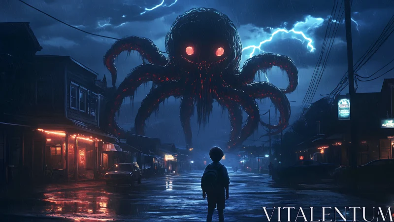 Digital painting of colossal neon octopus over rainy street.