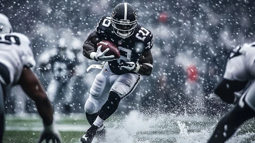 Running back sprinting through heavy snowfall on wet turf field