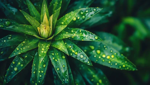 Macro bromeliad rosette with dewy emerald foliage detail.