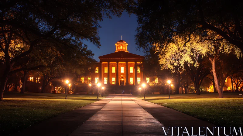 Illuminated neoclassical campus hall at blue hour.