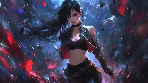 Dark-haired cyber warrior emerges amid shattering energy shards.