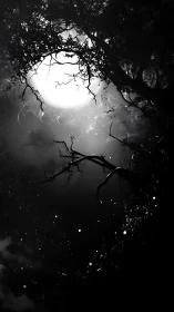 Moonlit tangle of branches over a star-speckled void.