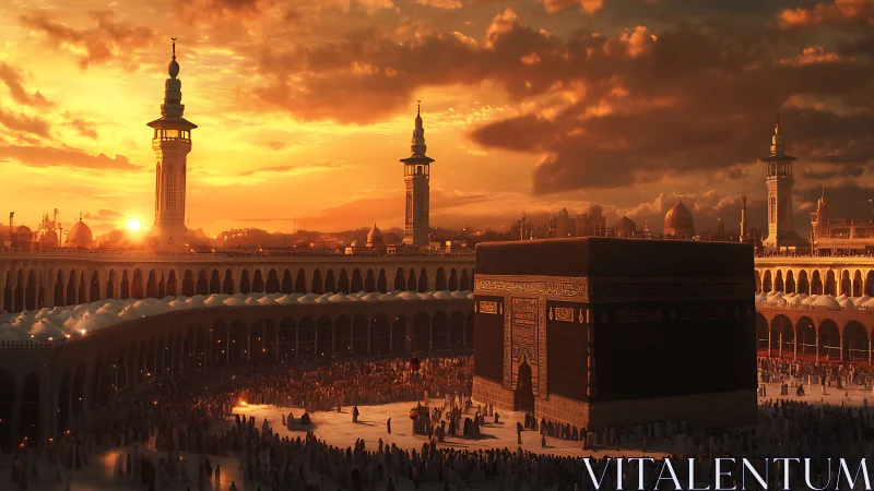 Sunset panorama of the Kaaba courtyard with illuminated minarets