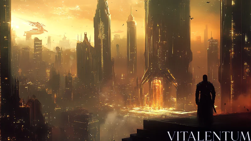 Lone watcher greets a burning neon sunrise over megacity spires.