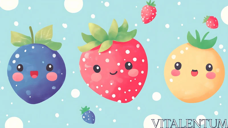 Bubbly berry trio giggling in a pastel polka sky.