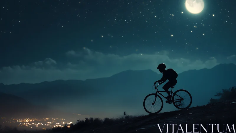 Nocturnal Cyclist Against Urban Horizon: Silhouette.