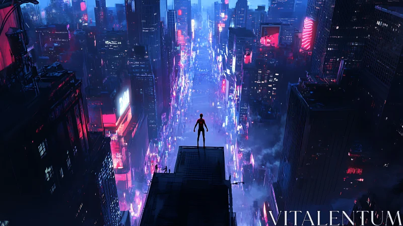 Lone figure surveys neon cyberpunk city in electric night haze