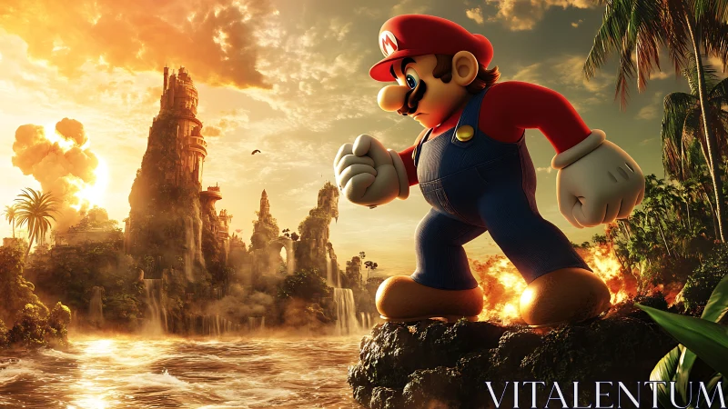 Colossal pixel hero marches toward a burning jungle citadel